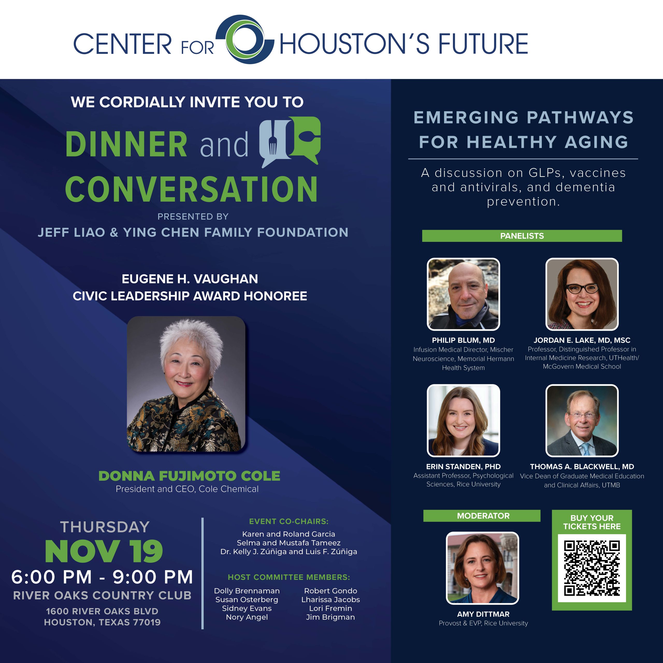 2026 Dinner and Conversation flyer: presented by Jeff Liao & Ying Chen Family Foundation, honoring Donna Fujimoto Cole with the Eugene H. Vaughan Civic Leadership Award, Thursday November 19, 6 to 9 PM at River Oaks Country Club